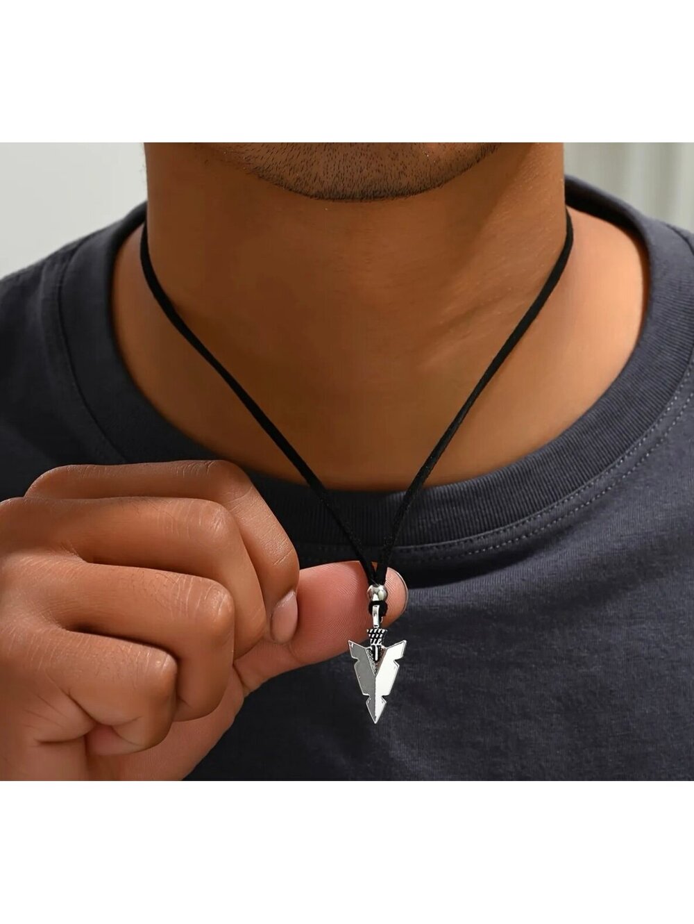 New - Vintage Style Triangle Arrowhead Pendant Black Rope Necklace
